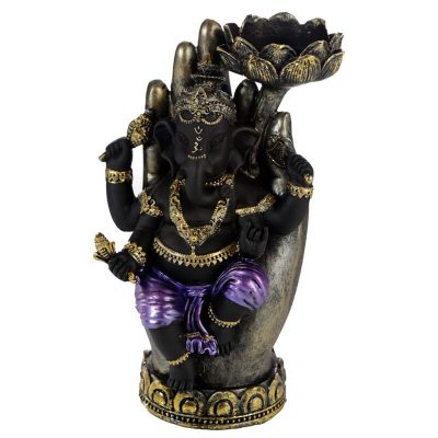 GAN12_001_1607955682 Purple, Gold & Black Ganesh in Hand Lotus Tea Light Candle Holder