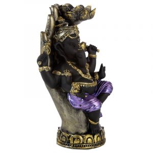 Purple, Gold & Black Ganesh in Hand Lotus Tea Light Candle Holder