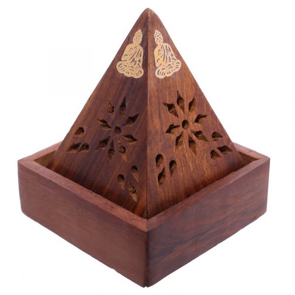 IF203_002_1599527880 Sheesham Wood Pyramid Incense Cone Burner Box with Buddha