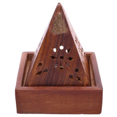IF203_003_1599527880 Sheesham Wood Pyramid Incense Cone Burner Box with Buddha