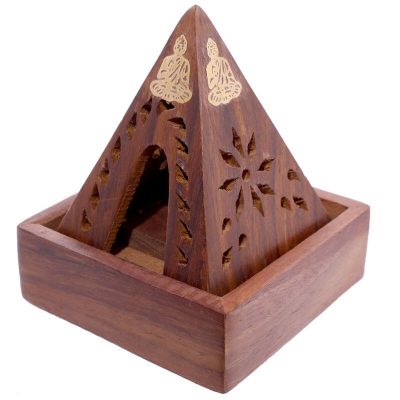 IF203_004_1599527880 Sheesham Wood Pyramid Incense Cone Burner Box with Buddha
