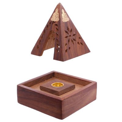 IF203_005_1599527880 Sheesham Wood Pyramid Incense Cone Burner Box with Buddha