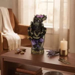 Purple, Gold & Black Ganesh in Hand Lotus Tea Light Candle Holder