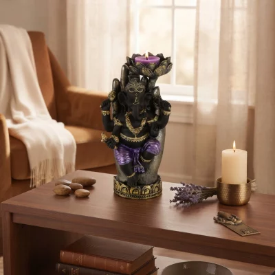 Purple, Gold & Black Ganesh in Hand Lotus Tea Light Candle Holder Purple, Gold & Black Ganesh in Hand Lotus Tea Light Candle Holder